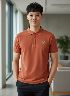 KRM Solid Men Polo Neck Orange T-Shirt