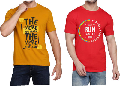WOOSTRO Printed Men Round Neck Brown, Red T-Shirt