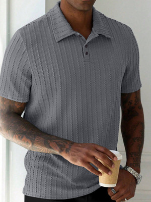 KAJARU Self Design Men Polo Neck Grey T-Shirt
