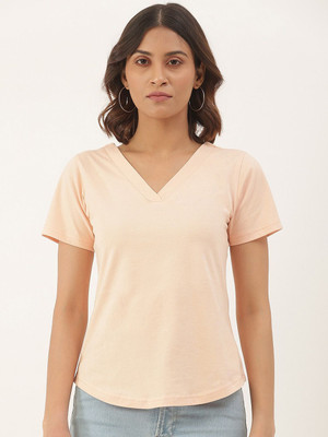 BRINNS Solid Women V Neck Pink T-Shirt
