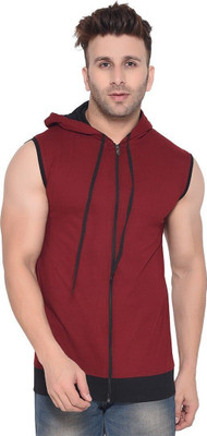GEUM Solid Men Hooded Neck Maroon T-Shirt