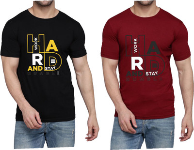 WOOSTRO Printed Men Round Neck Black, Maroon T-Shirt