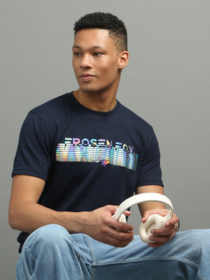 FROSEN FOX Self Design Men Round Neck Navy Blue T-Shirt