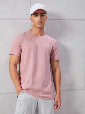 TECHNOSPORT Solid Men Crew Neck Pink T-Shirt