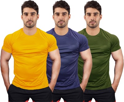 UDI n ADI Solid Men Round Neck Yellow, Navy Blue, Dark Green T-Shirt