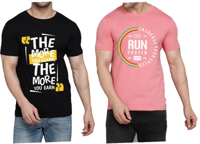 WOOSTRO Printed Men Round Neck Black, Pink T-Shirt