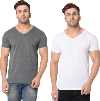JB Jangoboy Solid Men V Neck White, Grey T-Shirt