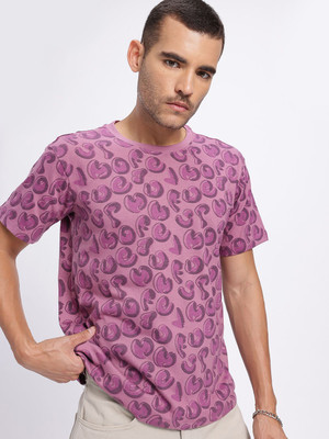 Glitchez Printed Men Round Neck Brown T-Shirt