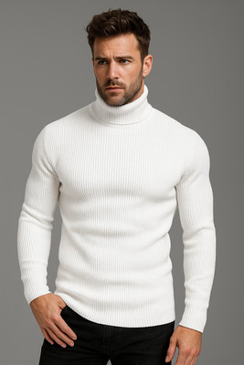 Garimaknitwear Self Design High Neck Casual Men White Sweater