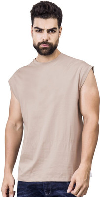 I&D Solid Men Round Neck Beige T-Shirt