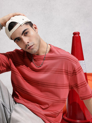 WROGN Striped Men Round Neck Red T-Shirt