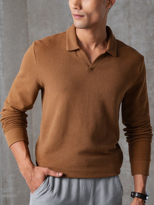 Damensch Self Design Men Polo Neck Brown T-Shirt