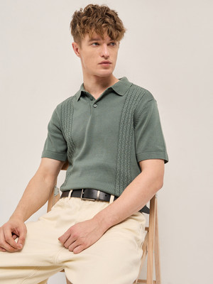 THE BEAR HOUSE Self Design Men Polo Neck Grey T-Shirt