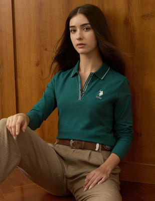 U.S. POLO ASSN. Solid Women Polo Neck Green T-Shirt