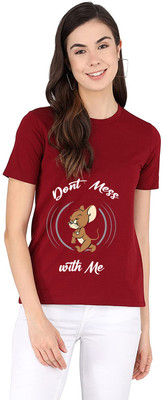 I KING Printed Women Round Neck Maroon T-Shirt