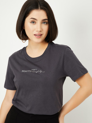 MAX Printed Women Round Neck Grey T-Shirt
