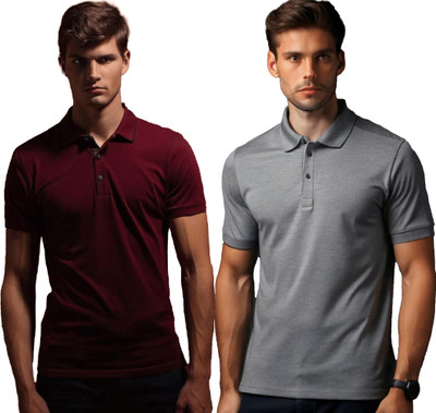 JEDFER Solid Men Polo Neck Maroon, Grey T-Shirt