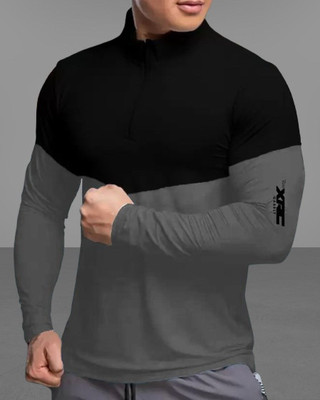 GGARBLY Striped Men High Neck Grey T-Shirt