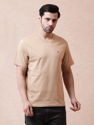 NOQUO Solid Men Round Neck Beige T-Shirt