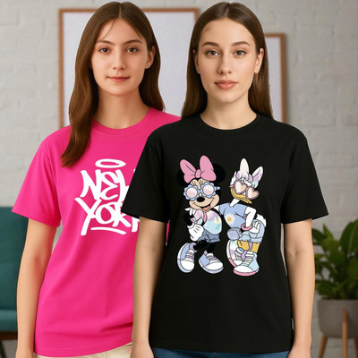 Elvia Printed Women Round Neck Red, Pink T-Shirt