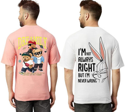 Clothy Printed Men Round Neck Pink, White T-Shirt