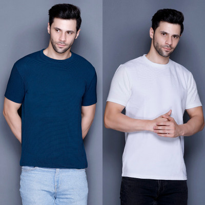 SANTMARCO Solid Men Round Neck White, Dark Blue T-Shirt