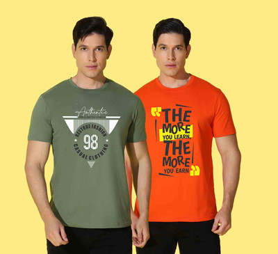 WOOSTRO Typography Men Round Neck Dark Green, Orange T-Shirt