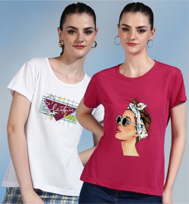 CHOZI Printed Women Round Neck White, Maroon T-Shirt