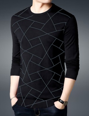 FASHIUM Striped Men Round Neck Black T-Shirt