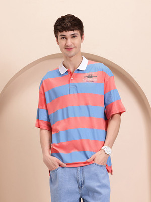 Mast & Harbour Striped Men Polo Neck Blue T-Shirt