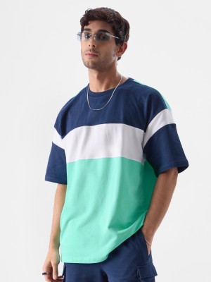 The Souled Store Colorblock Men Round Neck Dark Blue, White, Light Green T-Shirt