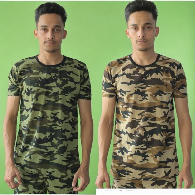 DELHIITE Military Camouflage Men Round Neck Brown, Dark Green T-Shirt