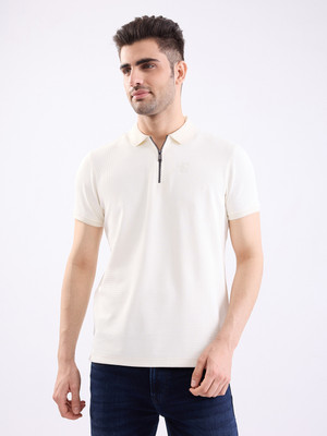 Spykar Solid Men Polo Neck White T-Shirt