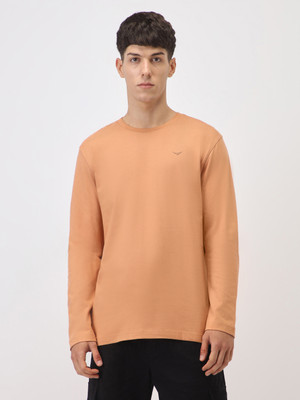 NOBERO Solid Men Crew Neck Brown T-Shirt