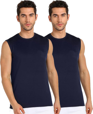 Renowned Solid Men Round Neck Navy Blue T-Shirt