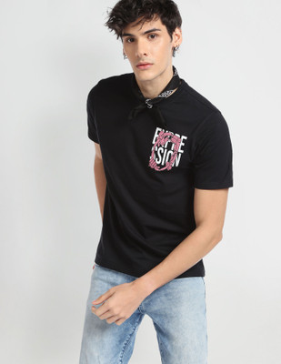 FLYING MACHINE Printed, Typography Men Round Neck Black T-Shirt