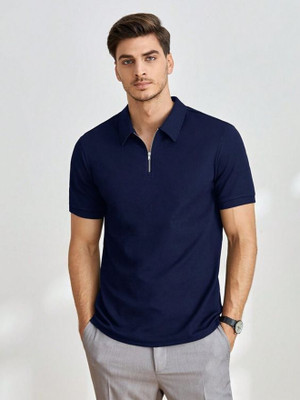 Styvibe Solid Men Polo Neck Dark Blue T-Shirt
