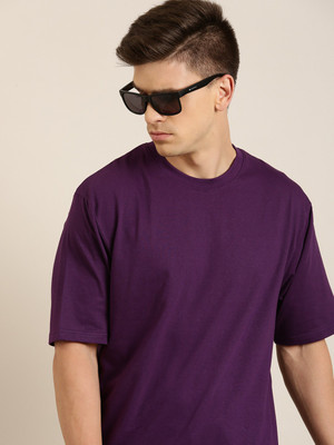 DIFFERENCE OF OPINION Solid Men Round Neck Purple T-Shirt