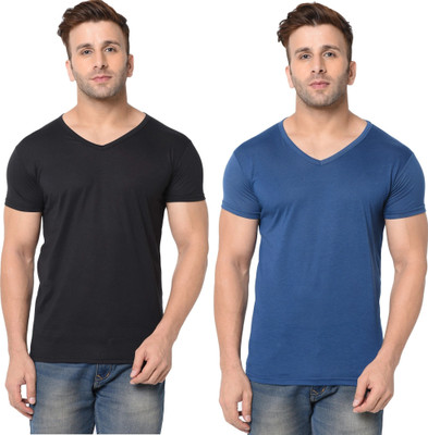 JB Jangoboy Solid Men V Neck Dark Blue, Black T-Shirt