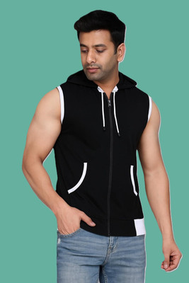 VASTRAART Solid Men Hooded Neck Black, White T-Shirt