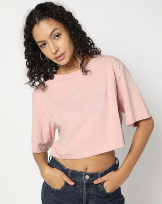 GAP Solid Women Round Neck Pink T-Shirt