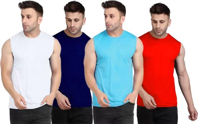 Think Tech Solid Men Round Neck White, Dark Blue, Light Blue, Red T-Shirt
