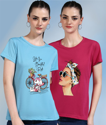 METRONAUT Printed Women Round Neck Light Blue, Pink T-Shirt