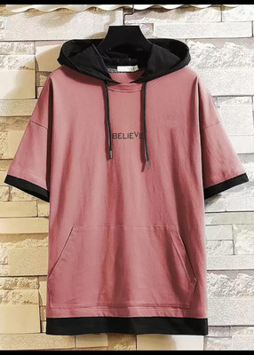 Bell Paper Solid Men Hooded Neck Pink T-Shirt