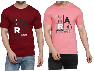 WOOSTRO Printed Men Round Neck Maroon, Pink T-Shirt