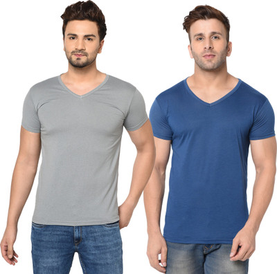 Tresna Fab Solid Men V Neck Blue, Grey T-Shirt