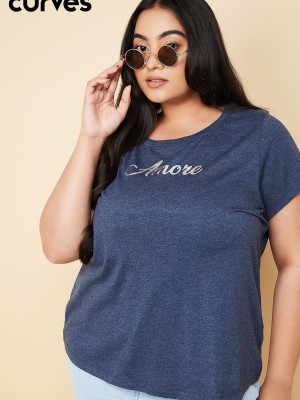 MAX Printed Women Round Neck Dark Blue T-Shirt