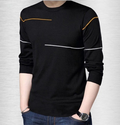 Reya Striped Men Round Neck Black T-Shirt