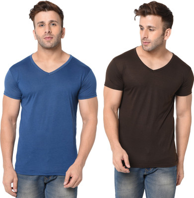 Tresna Trending Solid Men V Neck Dark Blue, Brown T-Shirt
