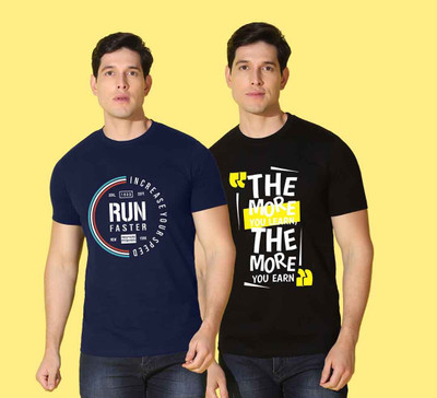 WOOSTRO Printed Men Round Neck Black, Blue T-Shirt